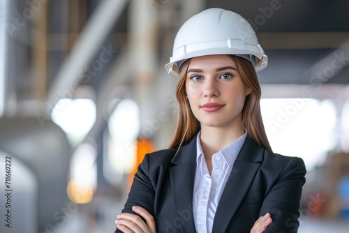 Smart and pretty model engineer or businesswoman in suit wearing a hardhat standing across arm in front of the workplace