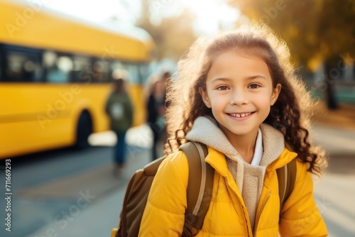 Smiling elementary student girl hurry to school from school bus