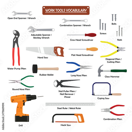 Set of work tools color vector. Icon for web, tag, label, mechanical shop, garage, repair shop, workshop. Symbol for mechanical engineering, carpentry, mechanic, engineer, carpenter, construction