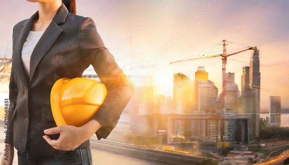 Double exposure image of construction worker holding safety helmet and construction drawing against the background of surreal construction site in the city.ai generated Double exposure image of construction worker holding safety helmet and construction drawing against the background of surreal construction site in the city.ai generated