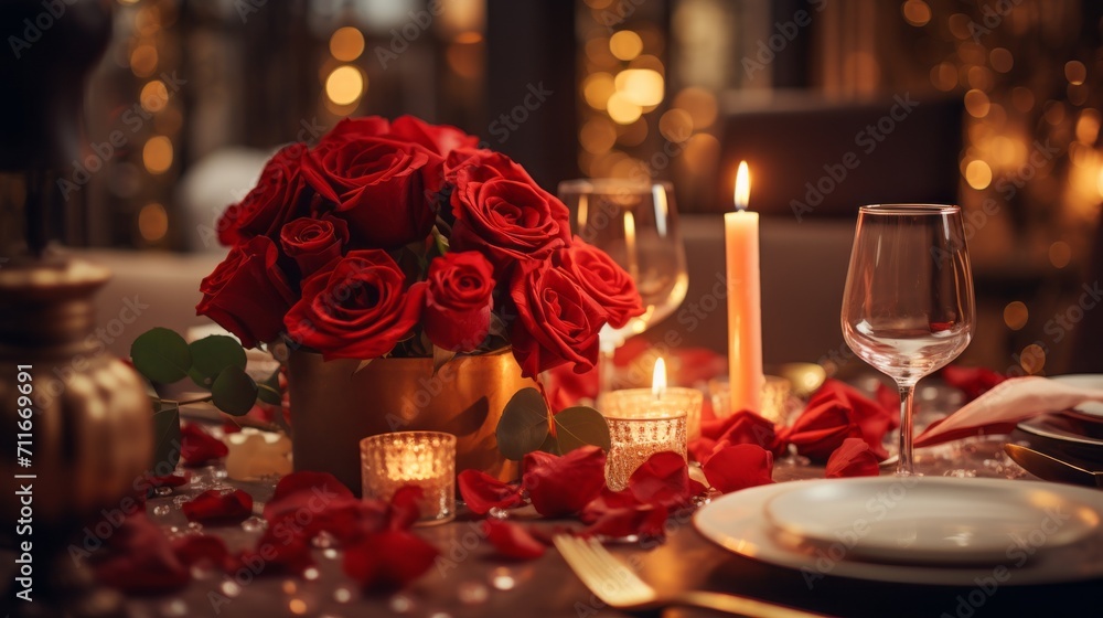 A red roses bouquet on the table of fancy restuarant, Valentine's day dinner concept, celebration of love.
