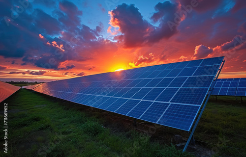 Solar power plant at sunset