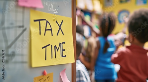 Sticky note with "TAX TIME" attached to a whiteboard in a classroom setting with students generative ai