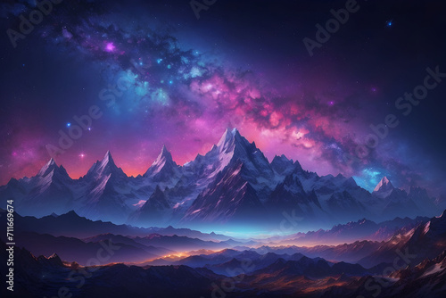 Watercolor painting landscape - cosmic landscape with majestic mountains under a starry night sky. Abstract colorful illustration. Generative AI.