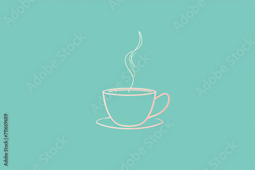Minimalist line art of a coffee cup with steam on teal background