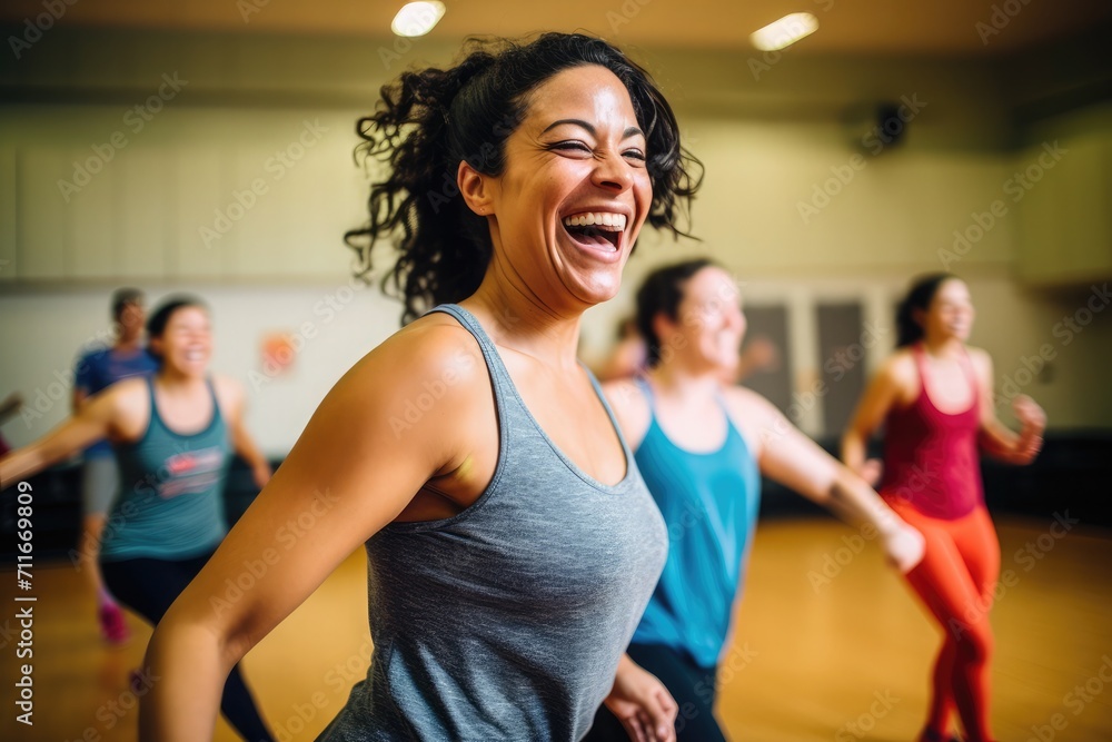 Ladies in fitness dance class, huge smiles, dancing with joy