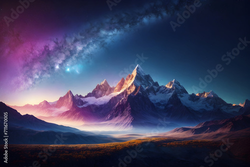 Watercolor painting landscape - cosmic landscape with majestic mountains under a starry night sky. Abstract colorful illustration. Generative AI.