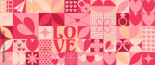 Valentine’s Day icons elements with geometric pattern.  Bauhaus style. Vector flat design for poster, card, wallpaper, poster, banner, packaging. 