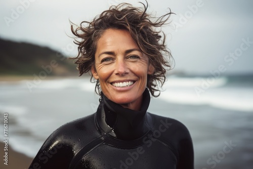 Medium shot portrait photography of a pleased, woman in his 50s that is wearing a surfboard and wetsuit against a lively surf spot background © sambath