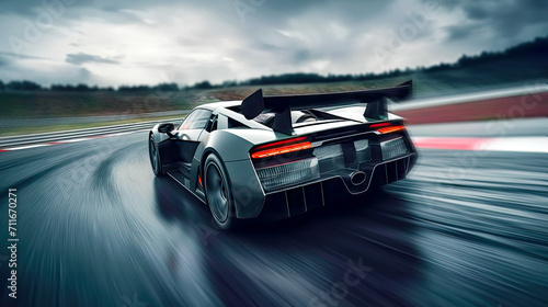 Fast riding racing car on racing track under rainy weather. Postproducted generative AI illustration. photo
