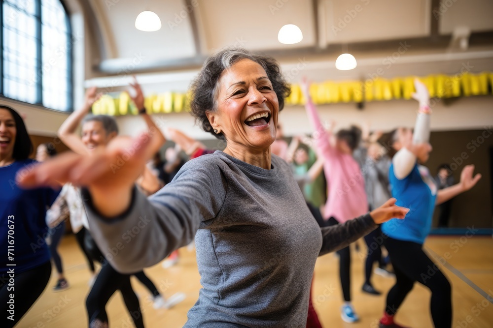 Portrait photography of a woman in her 70s in an energetic Zumba class with participants dancing background. Portrait photography of a woman in her 70s in an energetic Zumba class with participants dancing background.