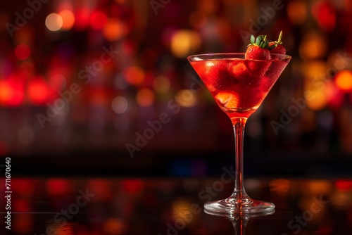 A strawberry cocktail at the cocktail bar, a red light and an expression of an atmospheric drink. generative ai 