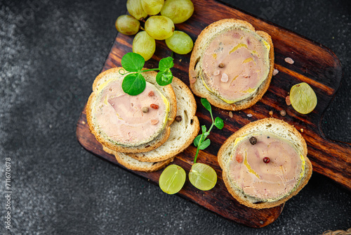 foie gras sandwich fresh goose or duck liver eating cooking appetizer meal food snack on the table copy space food background rustic top view