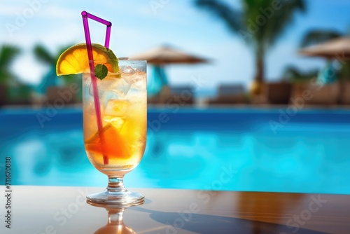 Refreshing cocktail near swimming pool, close up