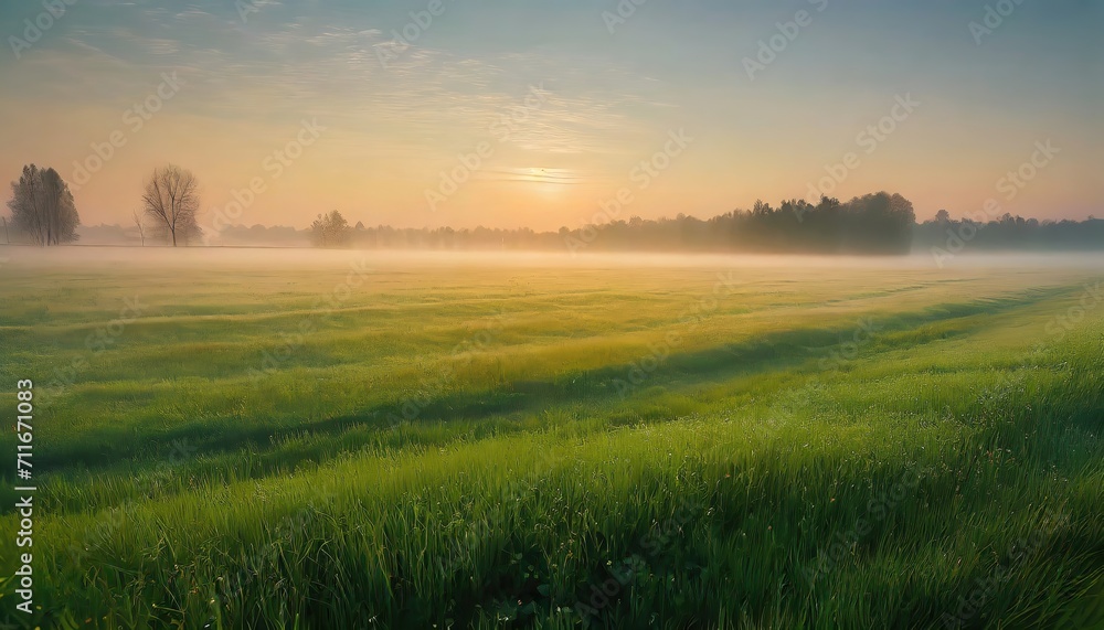 Green rice fields natural landscapes with clear sky. Fog in the valley. Sunlight entering the valley and on the mountains. Beautiful summer morning.ai generated
