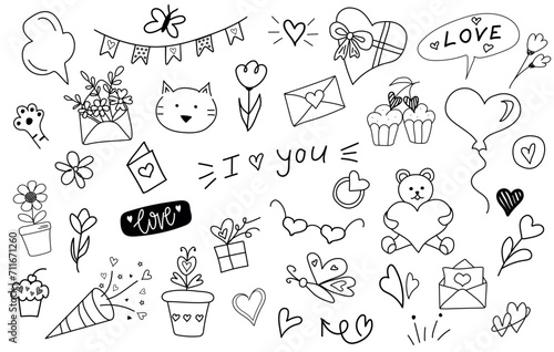 Cute romantic doodle set.   Hand drawn  elements. Line art.  Latter with hearts, cake, flowers, balloon, gift boxes, smile, teddy bear. Valentine`s day, romantic, love concept. 