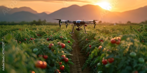 Aerial view of drone flying to spray fertilizer on tomato farm, mountains is background