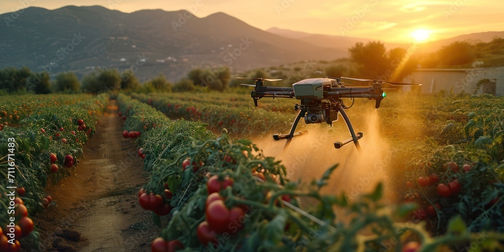 Aerial view of drone flying to spraying fertilizer on tomato farm, mountains is background