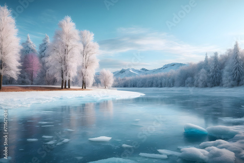 Watercolor painting landscape - winter landscape with ice-covered trees and a tranquil frozen lake. Abstract colorful illustration. Generative AI.