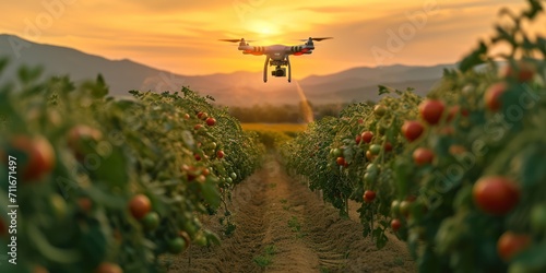 Aerial view of drone flying to spraying fertilizer on tomato farm  mountains is background