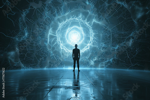 Man stands in front of a light tunnel to new dimension, corridor with rays, creative innovative technology, time travel in future
