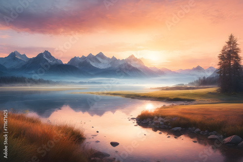 Watercolor painting landscape - captivating landscape of mountains and lake with a sunset sky. Abstract colorful illustration. Generative AI. © nutalina
