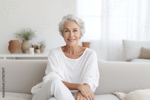 Single gray-haired mature senior woman sitting on sofa at home in living room, Minimal white interior, photo in full growth, 