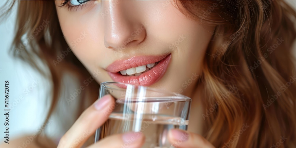 Beautiful lips and teeth of a cute young girl drinking clear water in a glass Beautiful lips and teeth of a cute young girl drinking clear water in a glass