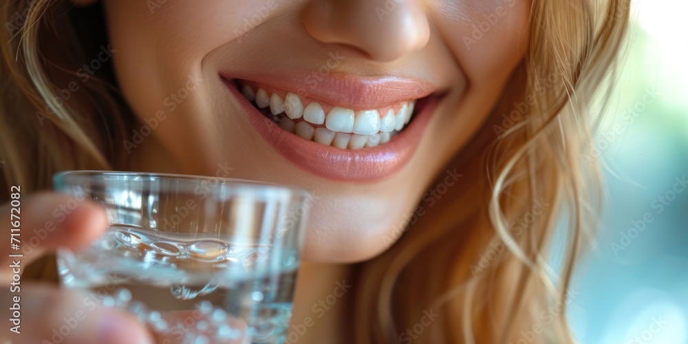 Beautiful lips and teeth of a cute young girl drinking clear water in a glass