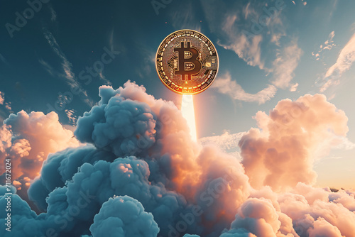 Bitcoin crypto soaring to the moon into cloudy sky photo