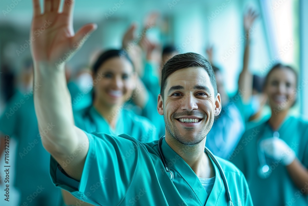 A portrait Doctor and Nurse raises hand in joy, in white hospital background A portrait Doctor and Nurse raises hand in joy, in white hospital background