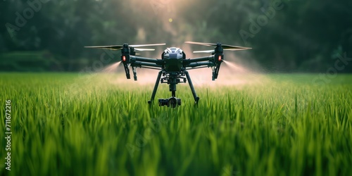 Drone fly to spray fertilizer on the rice fields