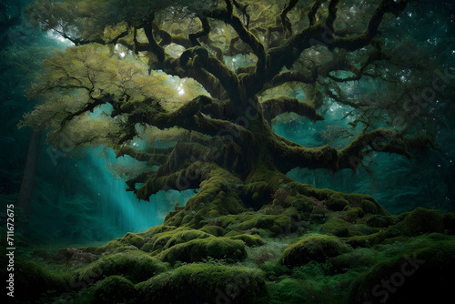 Wallpaper Mural Watercolor painting landscape - towering ancient oak tree in the enchanted forest. Abstract colorful illustration. Generative AI. Torontodigital.ca