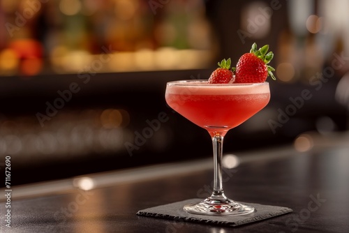 A strawberry cocktail at the cocktail bar, a red light and an expression of an atmospheric drink. generative ai 