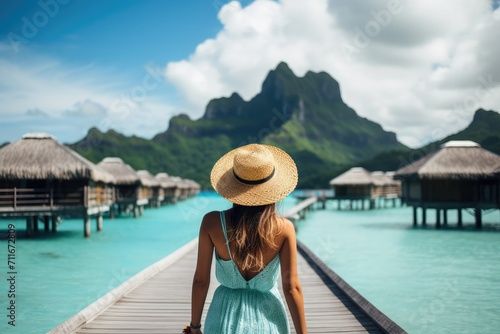 female with hat walking on bora bora platform with the back at the camera, blurry background with copy space © sambath