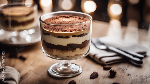Tentazione al Cucchiaio- Tiramisù Appetitoso in Bicchieri con Sfondo Sfocato