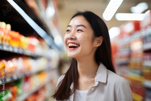 Subject: Hyper-realistic High-Quality Photo Portrait of Happy Woman Examining a Product at a Grocery Shop. Camera Setup: Camera: Nikon Z7 II Lens: Nikon NIKKOR Z 50mm f/1.8 S Settings