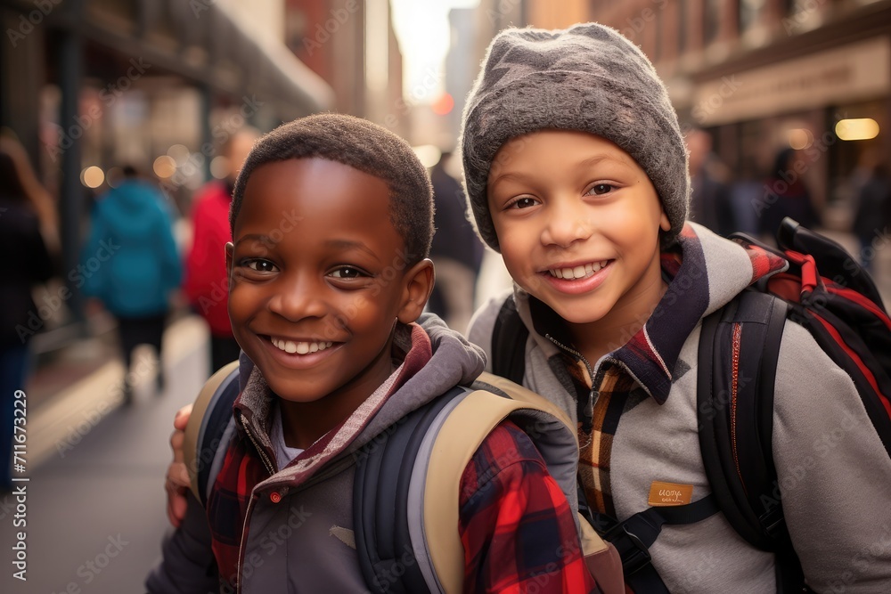 Two boys in a black backpack walking with other children, in the style of joyful and optimistic, new york school, african influence, soft-focus portraits, detailed facial features, Two boys in a black backpack walking with other children, in the style of joyful and optimistic, new york school, african influence, soft-focus portraits, detailed facial features,