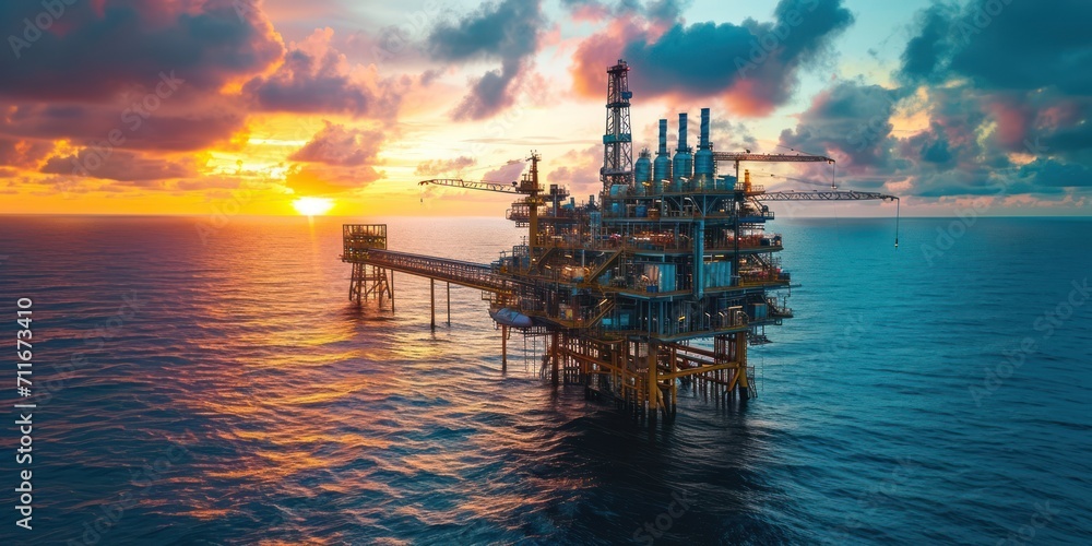 Offshore oil and gas processing platform at sunset, exploration and petroleum production industry at sea