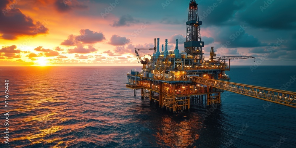 Offshore oil and gas processing platform at sunset, exploration and petroleum production industry at sea