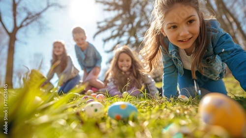 A group of friends engaged in a lively Easter egg hunt, searching for hidden treasures
