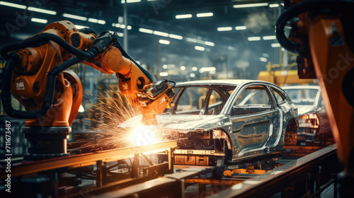 Automated robots welding car frames in a state-of-the-art facility