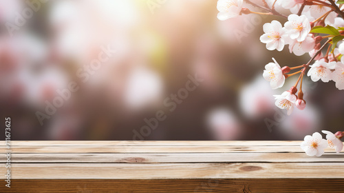 Empty wooden background with cherry blossom branch. Spring and flowers theme card  free space for text