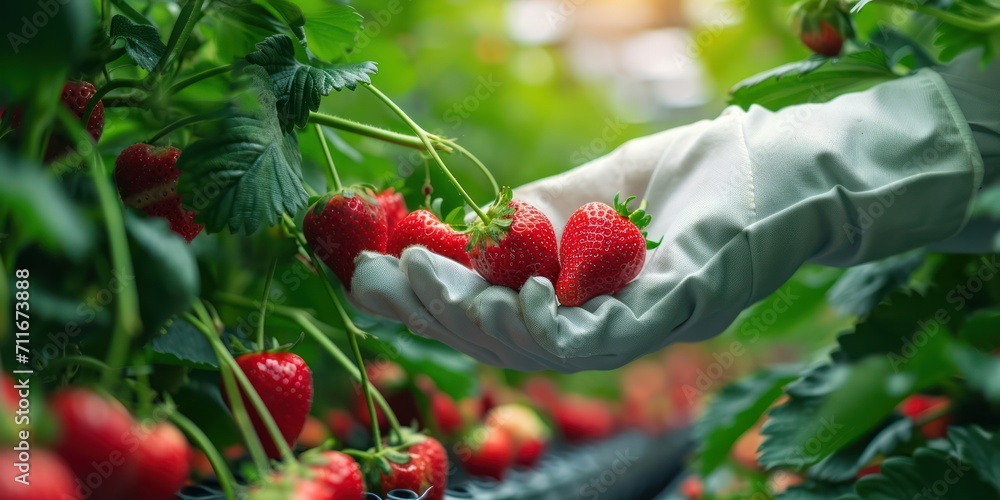 Hands in gloves pick and select the quality of strawberry fruit in a strawberry farm garden. Hands in gloves pick and select the quality of strawberry fruit in a strawberry farm garden.