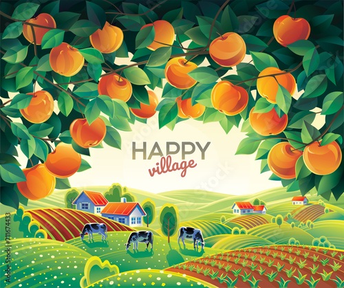 View of the rural landscape with village, through the branches of an apple orchard. Vector illustration.