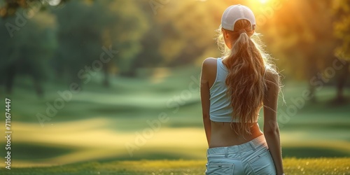 Woman golfer wearing sport wear teeing golf in golf tournament competition at golf course for winner
