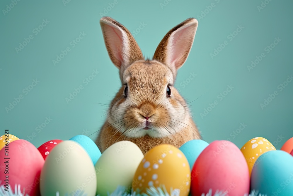 Fototapeta premium Joyful Easter Bunny Haven Funny Easter Concept Holiday Animal Celebration Greeting Card with a Cute Little Easter Bunny Rabbit Sitting on Many Colorful Painted Easter Eggs. created with Generative AI
