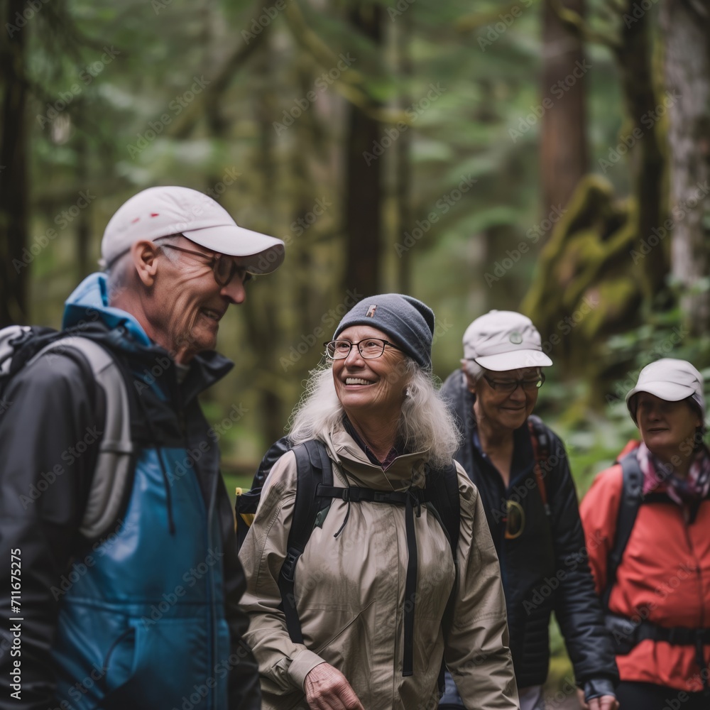 Group of old smiling man and woman hiking in nature