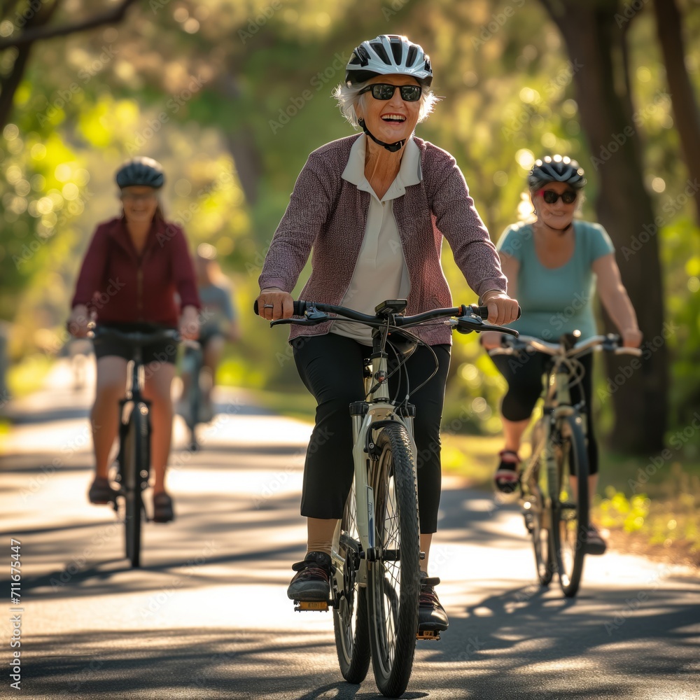 Old smiling woman riding a bicycle with friends in nature on a sunny day..