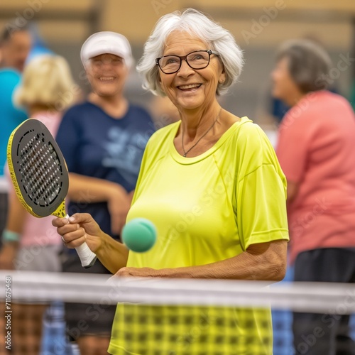 Old gray-haired smiling woman playing tennis
